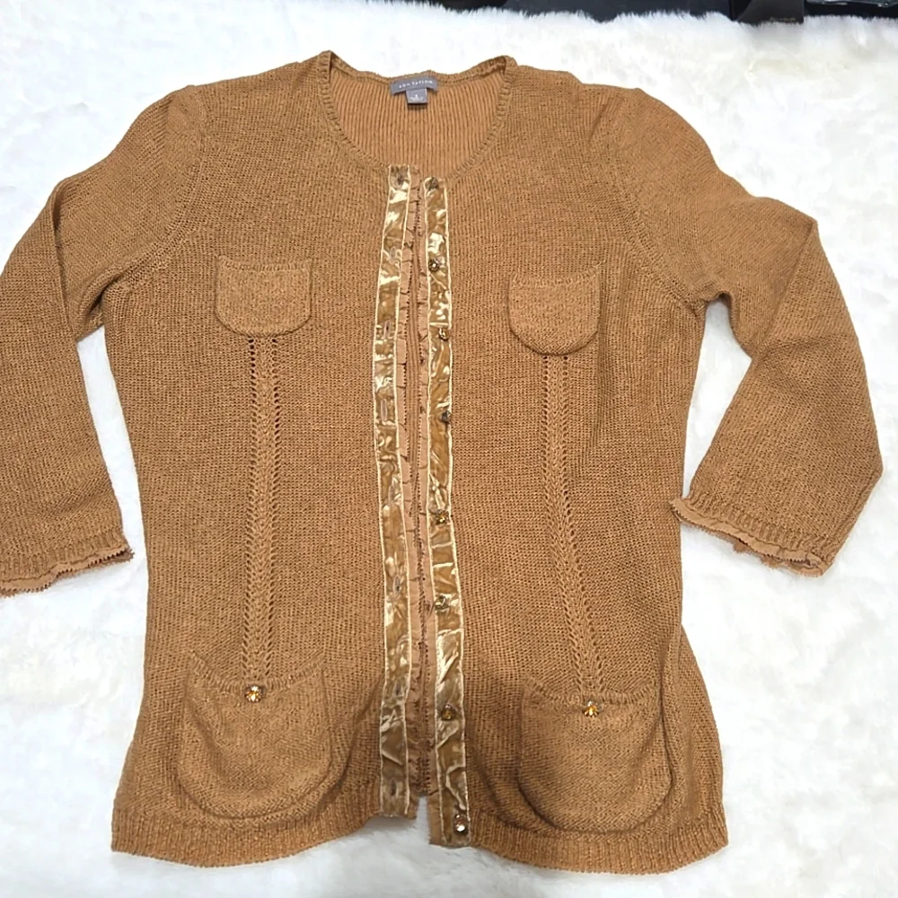 Ann Taylor lightweight three-quarters sleeve tan button down sweater cardigan S